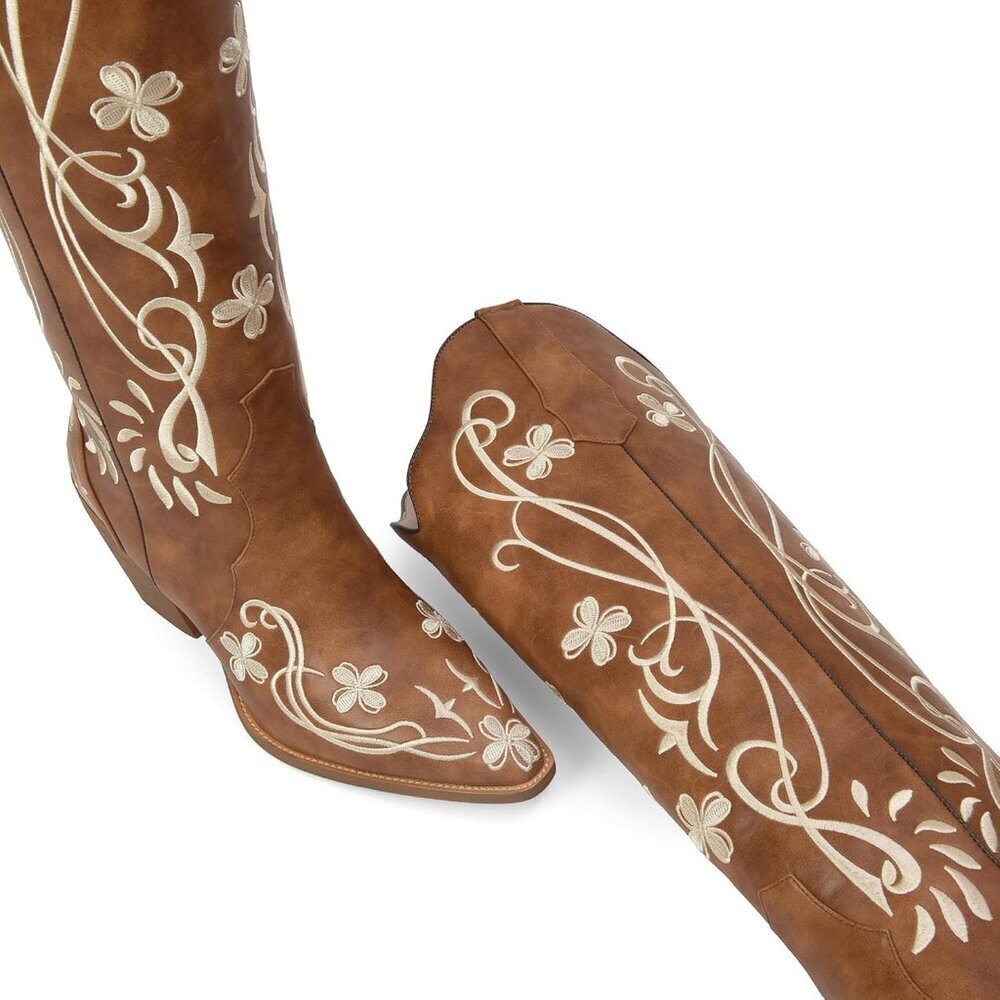 Women's Knee High Heel Floral Embroidered Brown Classic Design Western Boots - Picture 2 of 8